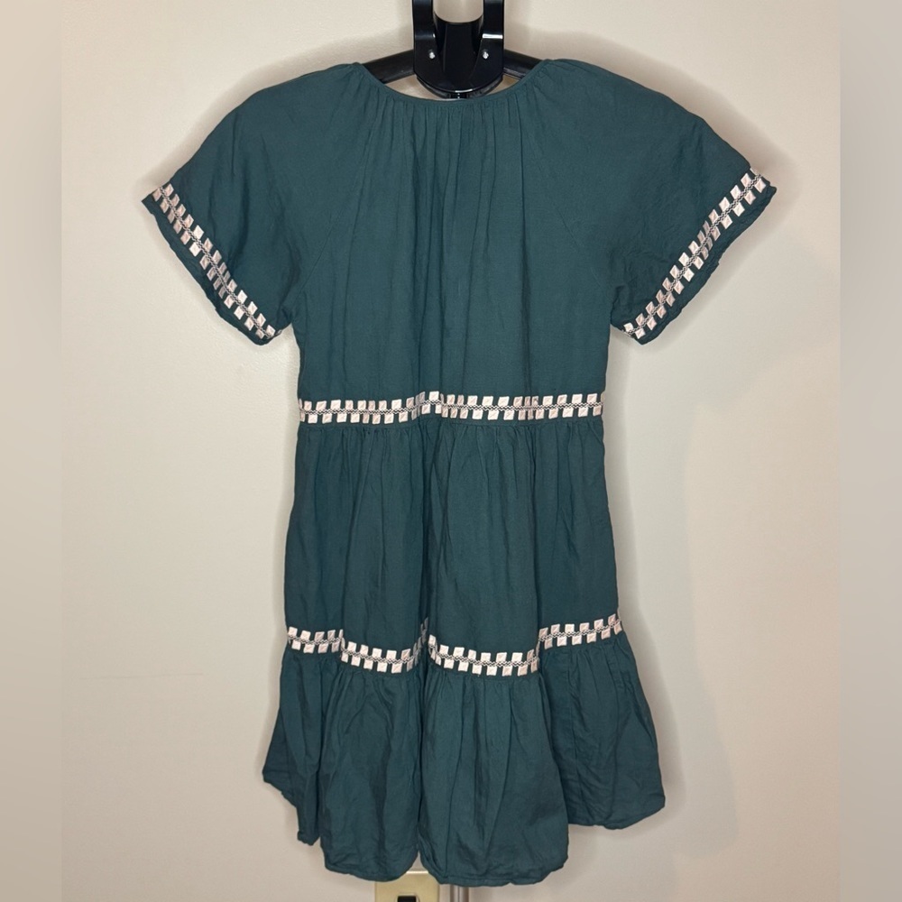 Madewell Embroidered Linen-Blend Flutter-Sleeve Mini Dress XXS Green Preppy Airy - Picture 5 of 11